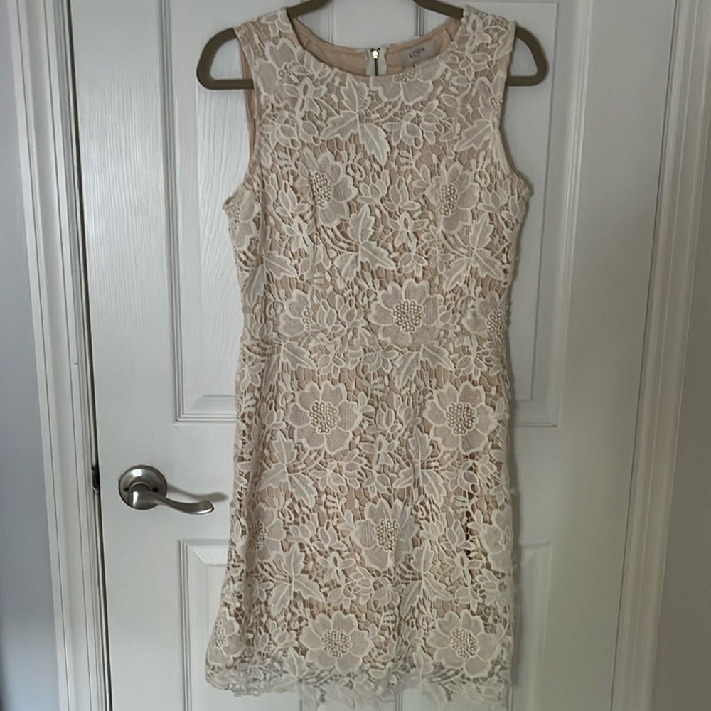 Size 4 cream loft dress with white lace overlay.